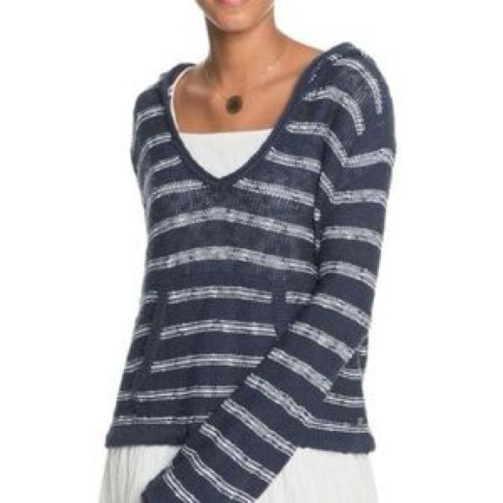 Roxy “Hang with You Stripes” Hooded Knit Sweater Navy/White Stripes - Large NWT